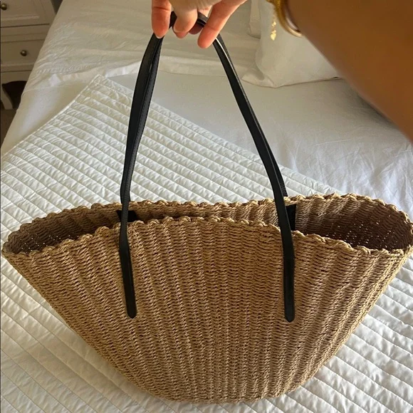 J. Crew Tan Woven Tote Bag with Black Straps - Picture 2 of 4